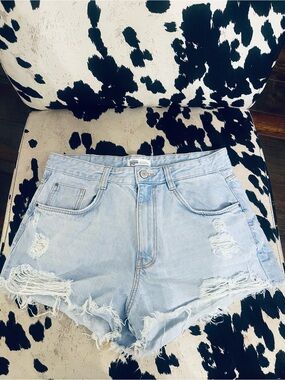ZARA Light Blue Distressed Denim Shorts - Women